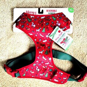 MERRY & BRIGHT REVERSIBLE HOLIDAY RED CHRISTMAS DOG HARNESS XL